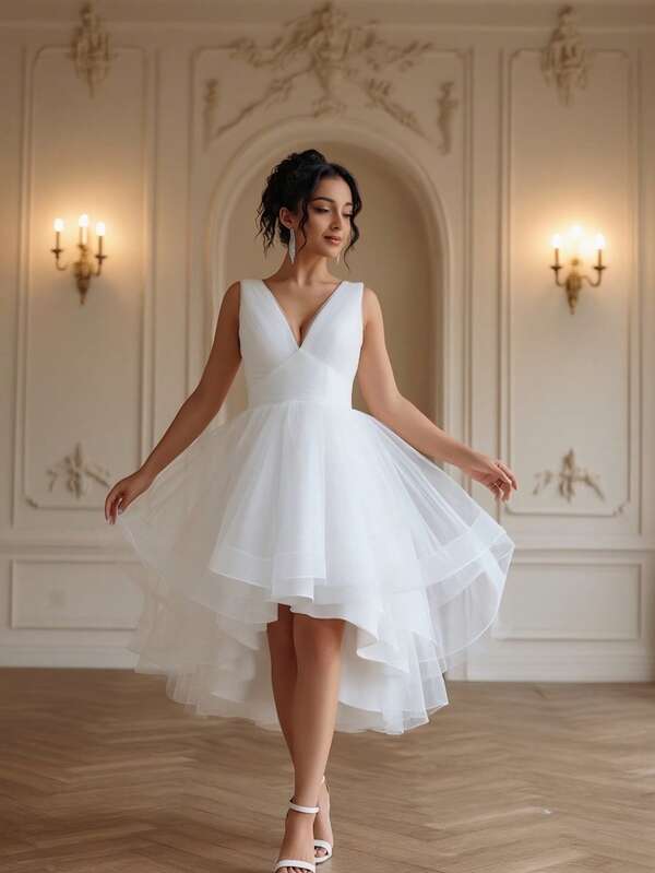 YUMIBRAVO Abiti da sposa stile balletto per donne, abito asimmetrico bianco da sposa, elegante abito da ballo, abito da ballo con schiena scoperta, abito da sposa bianco elegante per matrimonio, costume da donna per Ognissanti