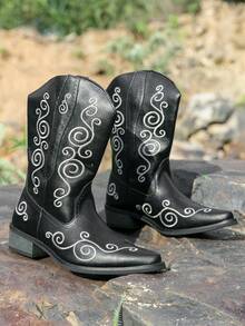 Botas vaqueras de media pantorrilla bordadas a mano para hombres, botas con relieve de nubes auspiciosas de estilo europeo y americano