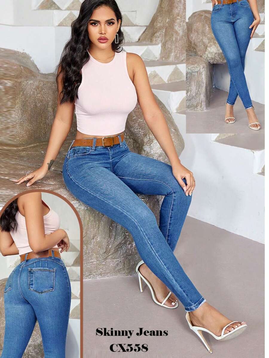 pantalon jeans  para dama mujer skinny stretch tiro alto entubado mezclilla premium buena calidad super orma comodo - Azul - Ver 1