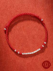 1pc S925 Sterling Silver Chain Bracelet, Lucky Bamboo Knot Braided Red String Bracelet, Small Gift For Best Friend, Suitable For Girls, Boys, Daily Wear, Travel, Party, Collection, Comes In Elegant Gift Box - Red - View 2