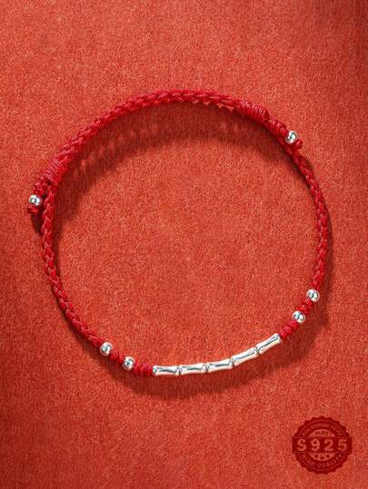 1pc S925 Sterling Silver Chain Bracelet, Lucky Bamboo Knot Braided Red String Bracelet, Small Gift For Best Friend, Suitable For Girls, Boys, Daily Wear, Travel, Party, Collection, Comes In Elegant Gift Box