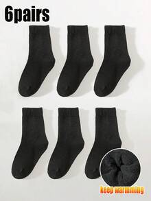 6 Pairs Kids Thermal Ribbed Socks, Solid Black Everyday Mid-Calf Socks, Suitable For Boys And Girls, Autumn/Winter, Fits Ages 1-3, 4-7, 8-12, Teens