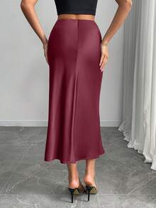 Mobula Sound 性感修身缎面美人鱼裙，面料光滑，适合派对、休闲、时尚、优雅的女装，飘逸裙 - 酒紅色 - 查看 6