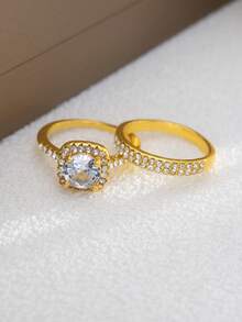 2 Peças Conjunto de Anéis de Moda Clássicos com Decoração de Strass de Liga de Zinco, Brilho Luxuoso Geral, Adequado como Anéis de Noivado ou Joias Chiques para Adicionar Charme Elegante e Refinado aos Usuários