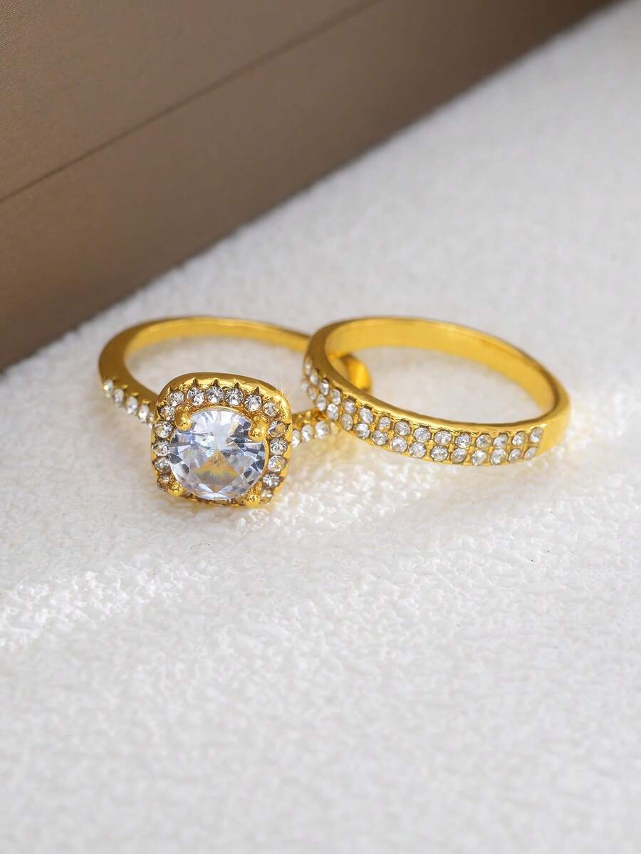 2 Peças Conjunto de Anéis de Moda Clássicos com Decoração de Strass de Liga de Zinco, Brilho Luxuoso Geral, Adequado como Anéis de Noivado ou Joias Chiques para Adicionar Charme Elegante e Refinado aos Usuários