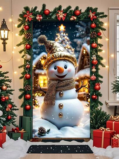 1pc-Winter Wonderland, Snowman Christmas Door Banner - 35.4" X 70.8" Festive Front Door Cover, Polyester Holiday Decoration For Indoor & Outdoor Use, Perfect For Xmas Party Photography Backdrop