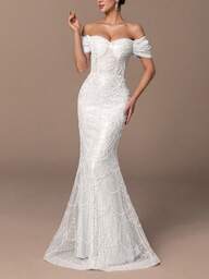 Women's Luxury Off-Shoulder Sequin & Bead Mermaid Gown With Back Tie, Geometric Patterns – Perfect For Weddings, Red-Carpet Events, Evening Dinners & Award Ceremonies