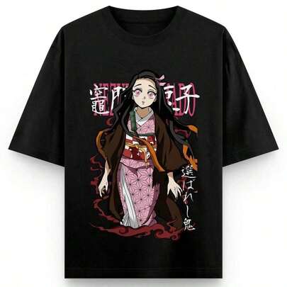Demon Slayers Nezuko T-shirt Dam Svart Anime Rosa Kimono Tryck Grafisk T-shirt Japansk Kanji Ärm Design Avslappnad Topp