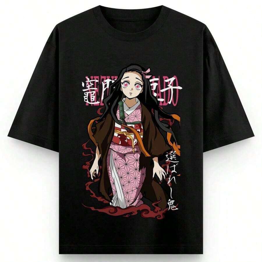 Demon Slayers Nezuko T-Shirt Women's Black Anime Pink Kimono Print Graphic Tee Japanese Kanji Sleeve Design Casual Top - 黑色 - 查看 1