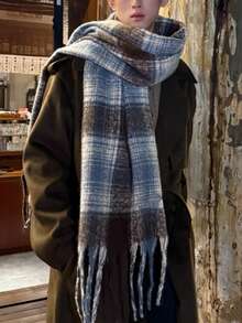1pc Men's And Women's Autumn/Winter Korean Blue Plaid Warm Scarf, High-End Mohair Plaid Fringe Scarf Shawl, Versatile Warm Couple Scarf, Suitable For Daily Use