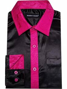 Mens Satin Silk Shirts Long Sleeve Designer Dress Shirt Shiny Untucked Casual Button Down Shirt Party Disco Formalhalloween - 緞面黑色和亮粉色 - 查看 3