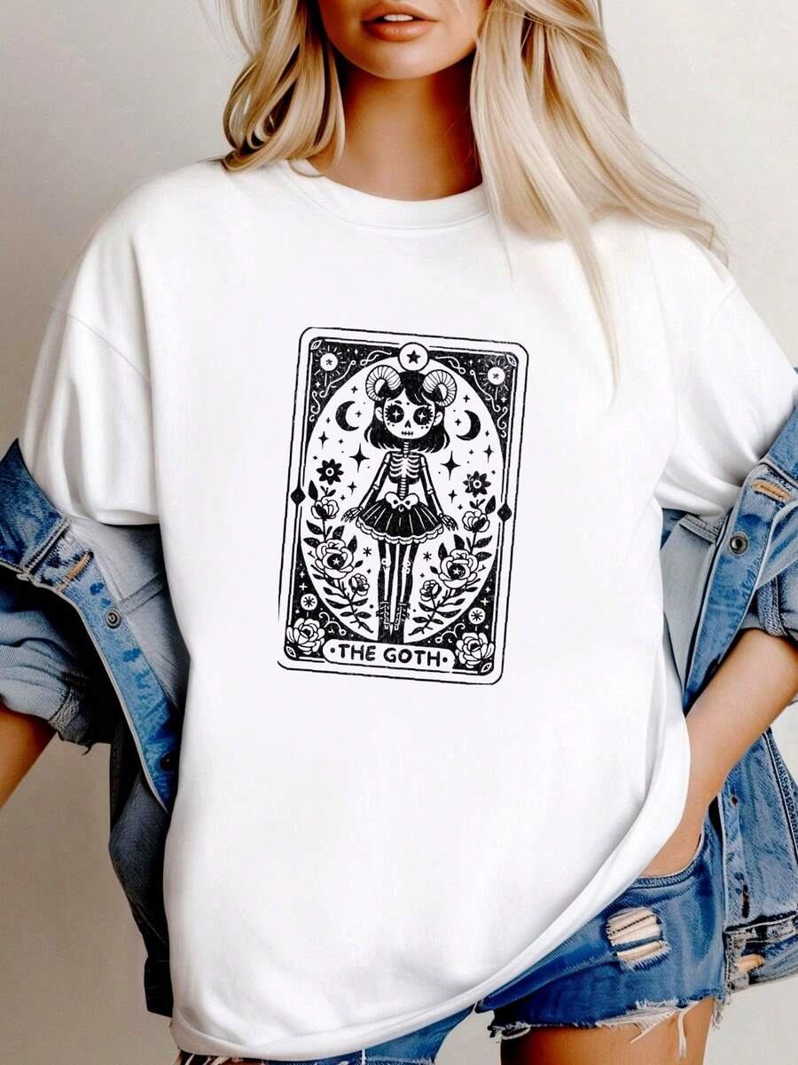 180g pure Cotton The Goth Tarot Card SVG PNG, Goth Girl Skeleton Sublimation Design, Witchy Vibes Gothic T-Shirt SVG Cut File, Tarot Digital Download women Stretched Unisex female graphic Top For Everyday Wear T-Shirt For Women Casual Casual Breathable - Blanco - Ver 1