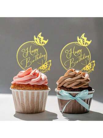 5pcs/10pcs/20pcs Acrylic Happy Birthday Butterfly Cupcake Topper For Birthday Party Cake Dessert Decoration Supplies
