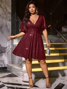 大码V领收腰优雅针织连衣裙，带金属光泽，弹力面料 - 酒紅色 - 查看 8