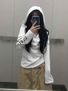 YCYC Korean Avant-Garde Letter Print Hooded Women's Versatile Half-Button Long Sleeve Top - White - View 4