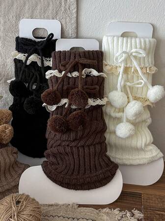 1/4/6 pares de calentadores de pierna gruesos, versátiles y cálidos con pompones de colores y encaje para mujer, calentadores de pierna de moda para primavera, otoño e invierno, acogedores