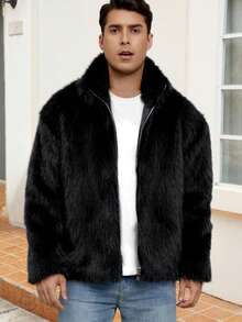 Men's Long Sleeve New Casual Zip-Up Stand Collar Faux Fur Coat, Autumn/Winter - Black - View 3