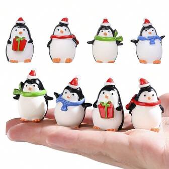 Set Vintage-Style Resin Penguin Figurines - White & Black Mini Christmas Statues With Red Bows & Green Scarves, Cute Winter Decor For Bonsai, Pet Houses, Window Displays, Holiday Tabletop Decorations (Gift & Adults)