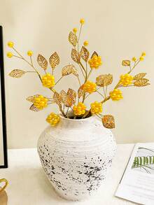 1pc/3pcs Metal Leaf Artificial Flower Handmade Beaded Faux Berry Realistic Plant Decor For Home, Desktop Decoration