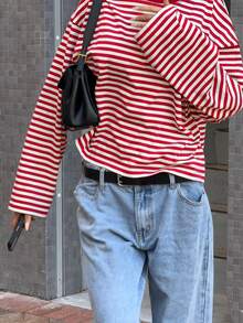 Casual Commute Daily Drop Shoulder Loose Striped Top - Red and White - View 4