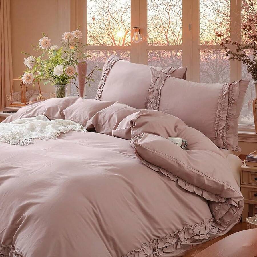 Merryword% Cotton Ruffled Duvet Cover Set King, White Shabby Chic Farmhouse Bedding Set French Country Cute Comforter Cover