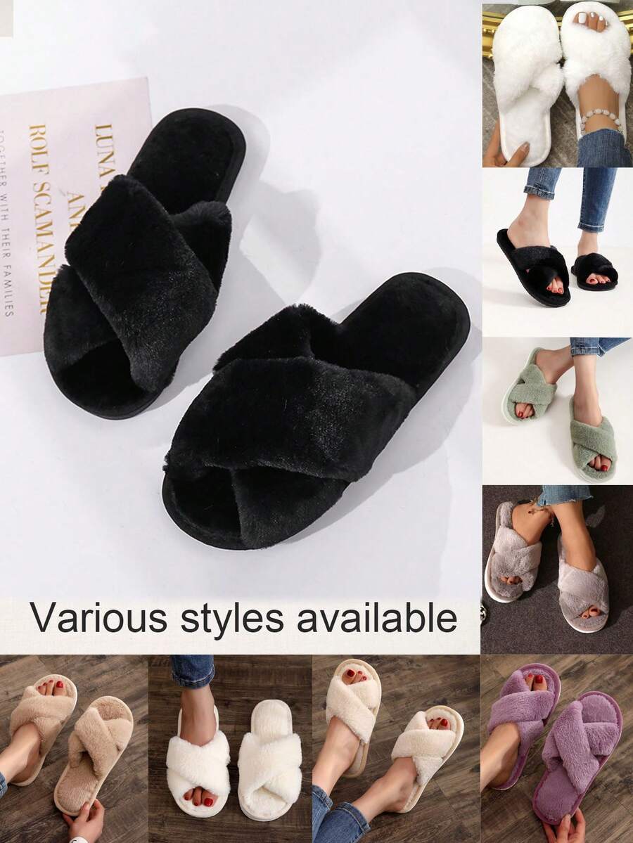 Pantuflas con abertura cruzada para otoño e invierno, estilo plano antideslizante para el hogar. Pantuflas de felpa con tira cruzada para damas, sencillas y de moda. Pantuflas abiertas de dedo para el hogar, pantuflas de algodón cálidas para chicas. Pantuflas de celebridad de internet, suaves y cómodas, pantuflas versátiles de alto valor.