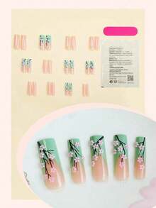 24pcs/Set Long Square Wearing Fake Nails With Peach Blossom And Tree Branch Decoration, French Art, Simple Style, Comes With 1 Nail File And 1 Jelly Glue Press On Nails Nail Supplies - 彩色 - 查看 3