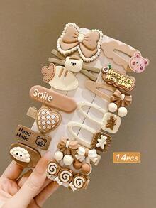 14 piezas de pinzas para el cabello con diseño de dibujos animados de color café con leche para flequillos, útiles escolares y accesorios para el cabello de mujeres - Multicolor 4 - Ver 7