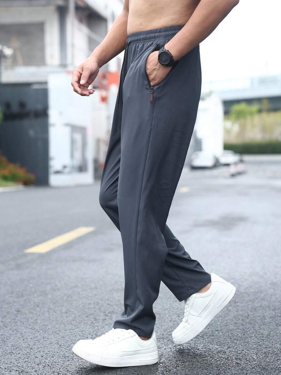 男士运动裤速干裤新款梭织运动直筒速干透气裤运动训练裤带拉链口袋跑步裤 - 深灰色 - 查看 1