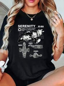 Camiseta de manga corta con cuello redondo y diseño artístico de Serenity Firefly Class Vessel Blueprint, 100 % algodón, para mujer, cómoda y suave para vacaciones de verano. - Negro - Ver 1