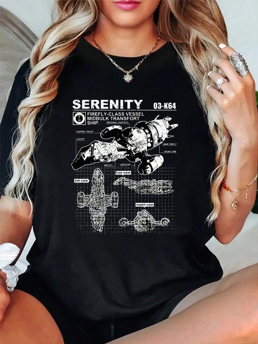Camiseta de manga corta con cuello redondo y diseño artístico de Serenity Firefly Class Vessel Blueprint, 100 % algodón, para mujer, cómoda y suave para vacaciones de verano. - Negro - Ver 1