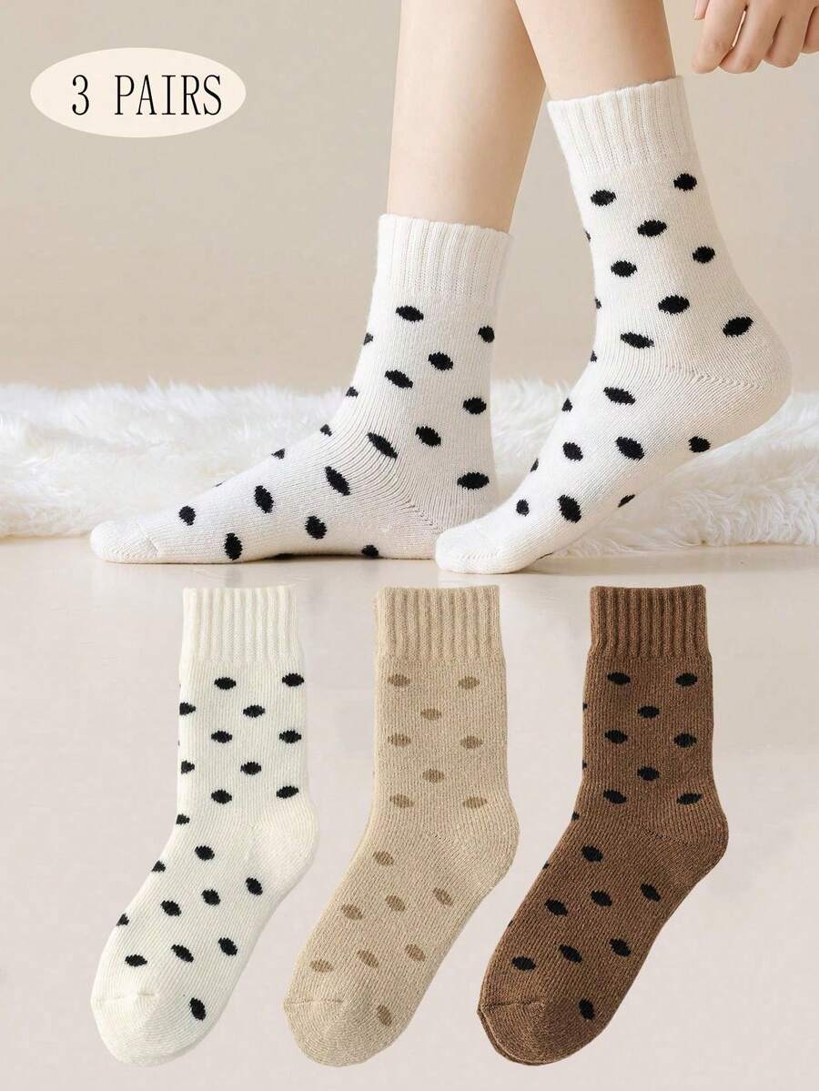 3 Pairs Winter Thickened Mid-Calf Socks For Women, Warm Polka Dot Merino Wool Blend Crew Socks - Multicolor - View 1
