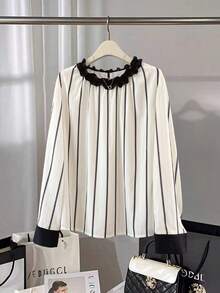 大码女式春季时尚休闲日常百搭印花撞色长袖衬衫，女士户外/旅行/度假装