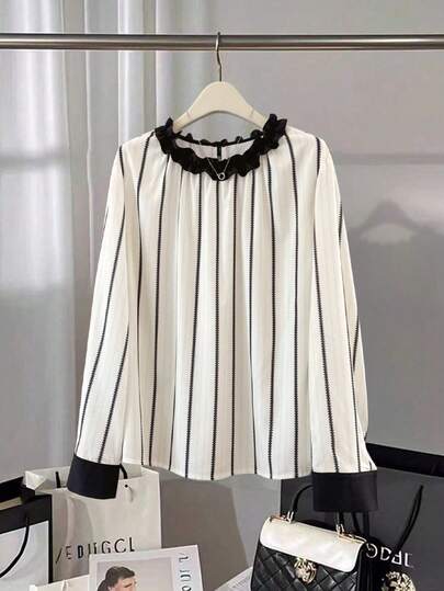 大码女式春季时尚休闲日常百搭印花撞色长袖衬衫，女士户外/旅行/度假装