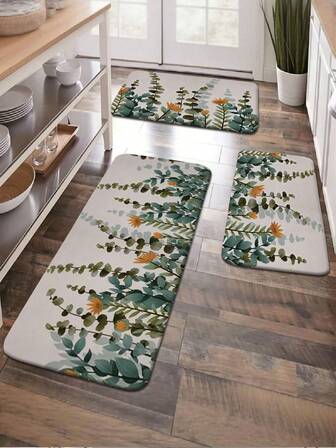 1pc Fresh Floral Kitchen Rug, Nordic Style Eucalyptus Leaf & Flower Kitchen Mat, Absorbent Oil-Proof Kitchen Carpet, Quick Dry Kitchen Floor Mat, Indoor Entrance Doormat, Odorless Soft Thick Kitchen Floor Pad