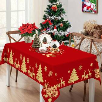 1 pieza/Set Mantel rectangular de Navidad, Mantel con diseño de ciervos dorados y árboles para fiesta, restaurante, hogar, cocina, picnic - Decoración navideña roja, 52x70/60x84/60x104/60x120/60x140 pulgadas