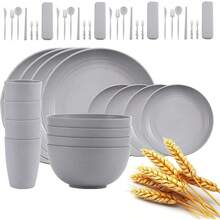 Juego de vajilla de 44 piezas, juego de vajilla de paja de trigo, vajilla reutilizable de fibra irrompible para 4 personas, libre de BPA, apto para lavavajillas y microondas (gris claro) - Gris Claro - Ver 13