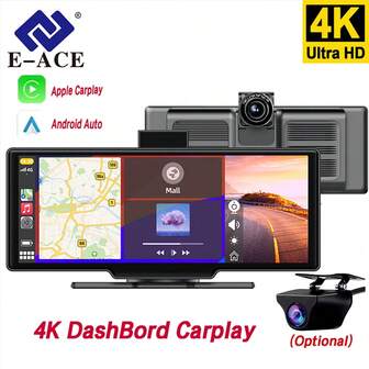 E-ACE 10.26" Wireless CarPlay & Android Auto Dash Cam ADAS Dash Cam Front 4K DVR Bluetooth Audio AUX GPS Navigation Dashboard Video Recorder, 1080P Rear Camera(Optional)