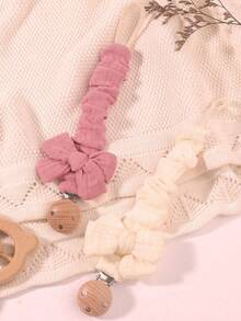 2pcs Baby Solid & Printed Pacifier Clips, Bowknot Pacifier Holder, Wooden 3-Hole Pacifier Clips, Suitable For Daily Use In Blue, Pink, Khaki