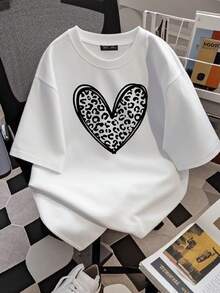 180g pure Cotton Leopard Print Valentines Day Shirt,Valentines Day Shirts For Wo,Heart Shirt,Cute Valentine Shirt,Valentines Day Gift,Cheetah Valentines Versatile female streetwear Breathable women fashion T-Shirt For Women Casual Stretched Summer Stylish Soft - Blanco - Ver 3