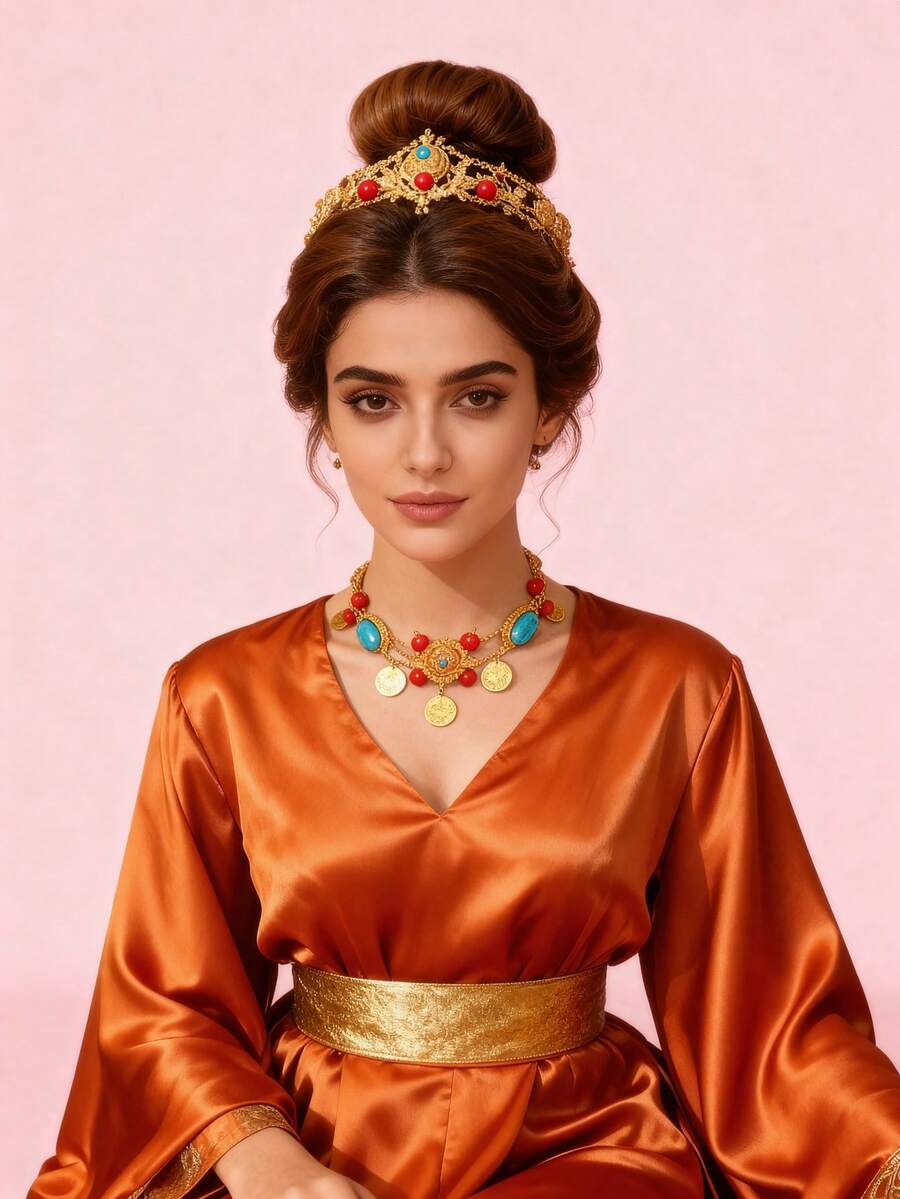 Herseygold 1pc Gold-Plated Faux Turquoise Coin Pendant Necklace, Middle Eastern Arabic Bridal Wedding Gift Jewelry