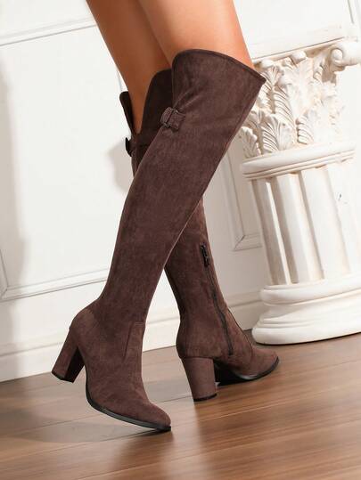 Autumn/Winter High Chunky Heel Square Toe Casual/Wedding Sexy Versatile Suede Over-The-Knee Boots, Coffee Color, Dark Brown Color (Wide Calf Elastic Over-The-Knee Boots) (For Slim Calves, Recommend Ordering 1 Size Smaller; For Thick Calves, Order Your Regular Size. Please Refer To The CN Size And Check The Foot Length, Palm Circumference Parameters Before Purchasing)