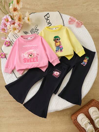 4pcs Baby Girls Casual Bear Print Soft Knit Fabric Long Sleeve Sweatshirt And Flare Pants Set, Suitable For Daily Outdoor Wear