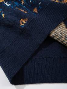 Men's Casual Loose Vintage Knit Sweater With Van Gogh Sunflower & Starry Sky Painting Inspired Pattern, Retro Style, Long Sleeve Crew Neck, Suitable For Autumn And Winter - Màu xanh hải quân - Xem 8