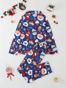 2 件套女孩和青少年休闲卡通圣诞老人印花翻领长袖开衫和裤子睡衣套装，阻燃，适合所有季节和圣诞节