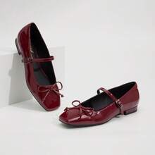 Athlefit Elegant Women's Mary Jane Flats - Comfort-Focused Square Toe Ballet Shoes With Buckle Stra - Wine Red - 查看 3