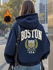 Damen-Sweatshirt mit Boston-USA-Textprint, Herbst/Winter, warm gefüttert, langärmelig, weich und bequem, ideal für kaltes Wetter, im Y2K-Stil, perfekt für Valentinstag, Karneval, Partys, Strand, Hochzeiten, Fitnessstudio, elegante Anlässe und Urlaub, Drop-Shoulder - marineblau - Übersicht 1