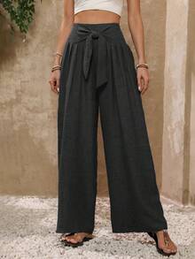 Women's Casual High Waist Wide Leg Pants, Solid Color, Soft Fabric, Elastic Waistband - màu đen - Xem 6