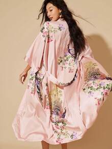 超大复古波西米亚孔雀印花长款和服罩衫，宽松版型，适合夏季沙滩穿着，可作泳装或沙滩装。 - 粉色 - 查看 7