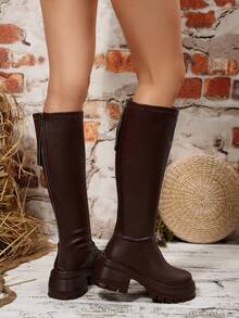 女士厚底过膝长靴，后拉链设计，时尚高端秋冬真皮骑马靴，派对靴 - 棕色 - 查看 8